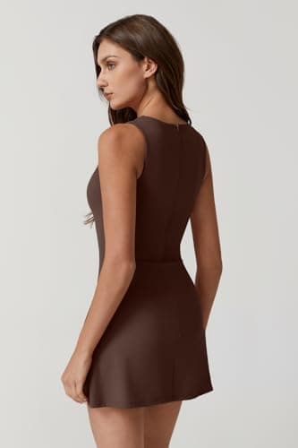 QINSEN Sport Dress for Women Sleeveless Workout Side Slit Tennis Dress with Inner Shorts Brown S - Image 2