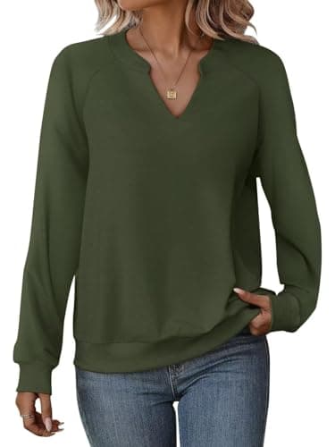 EADINVE Women Casual Long Sleeve V Neck Sweatshirts Cute Loose Fit Lightweight Pullover Tops Army - Image 1