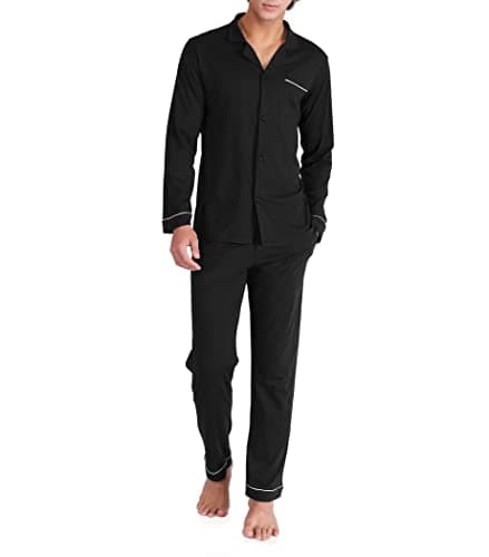 DAVID ARCHY Mens Pajamas Set Soft Cotton Notched Collar Pajamas for Men Long Sleeve Mens Sleepwear with Pockets & Front Fly (L, Black) - Image 1
