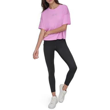 DKNY Women's Short Sleeve Rhinestone Logo Relaxed Cropped Tee, Fuschia Sky/Silver, Large - Image 2