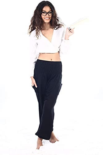 Boho Pants 2-Pocket Flowy Harem Pants Women for Yoga Travel Hippie Clothes Solid Black - Image 5