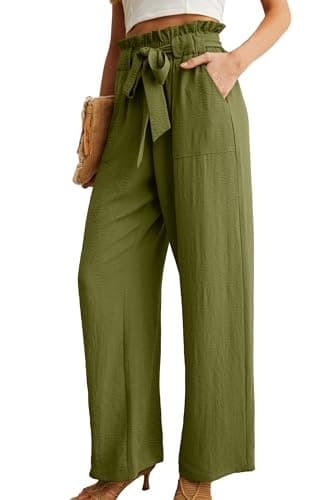 IWOLLENCE Women's Wide Leg Pants with Pockets High Waist Adjustable Knot Loose Casual Trousers Business Work Casual Pants Army Green Large - Image 2