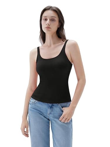 SUUKSESS Women Padded Cotton Ribbed Long Tank Tops 2025 Summer Going Out Basic Scoop Neck Cami Tops Sleeveless Casual Shirts (Black, M) - Image 7