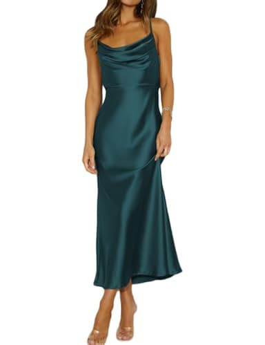 Summer Satin Spaghetti Strap Cowl Neck Backless Midi Dresses for Women Elegant Tie Low Back Ruched Cocktail Dress Deep Green - Image 1