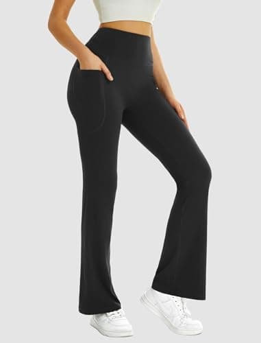 FireSwan Women's Flare Yoga Pants with Pockets High Waist Flared Leggings Bootcut Gym Workout Pants Tummy Control Black - Image 2