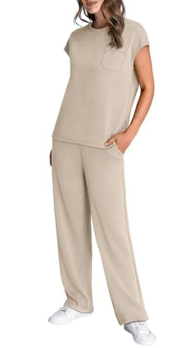 WIHOLL Vacation Outfits for Women 2 Piece Sets Crew Neck Summer Lounge Set Womens Loungewear Cruise Airport Outfits Beach Vacation Clothes Wide Leg Pants Resort Comfy Sets for Women Clothing Beige L - Image 4