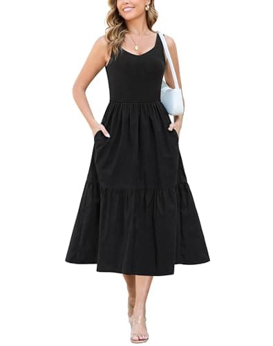 Kranda Summer Dresses for Women Sweetheart Neck Ribbed Tank Top Midi Dress Sleeveless Tiered Beach Sundress with Pockets, Black M - Image 1