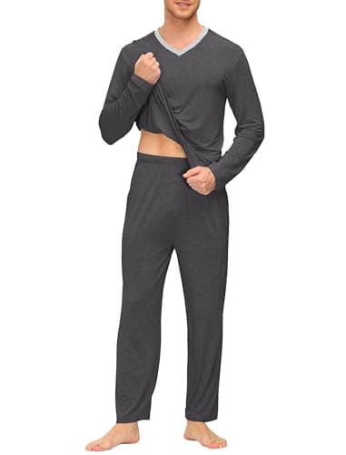 JINSHI Classic Mens Pajamas Pants for Men & Mens Sleepwear Top Long Sleeve V Neck Lightweight 2 Piece Classic Casual-Dark grey XL - Image 2