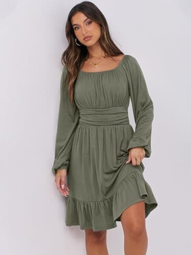 ANRABESS Womens Dress Long Lantern Sleeve Square Neck Elastic Waist Ruffle Flowy Swing A-Line Short Dresses 2025 Fall Fashion Army Green Medium - Image 4