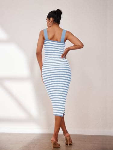 MEROKEETY Women's 2025 Summer Bodycon Midi Dress Vacation Sleeveless Ribbed Knit Striped Sweater Dresses, Blue, XS - Image 7