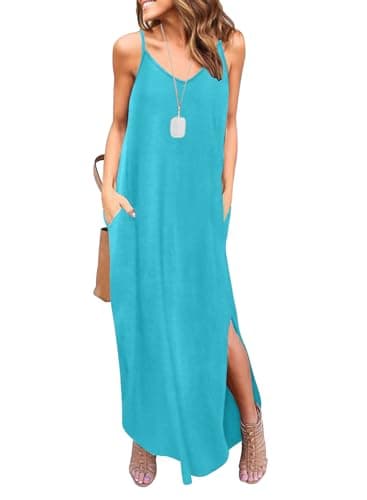 HUSKARY Spaghetti Strap Maxi Dresses for Women 2025 Summer Beach Cover Up Casual V Neck Sleeveless Long Cami Dress with Pockets and Split - Image 1