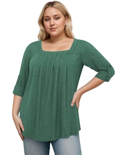 Plus Size Tops for Curvy Women Summer Fashion Going Out Tees Basic 3/4 Sleeve Shirts Green 5XL - Image 2