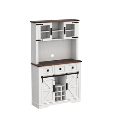 OKD 72" Farmhosue Bar Cabinet with Sliding Barn Door, Large Kitchen Buffet with Hutch w/Wine & Glasses Rack, 3 Drawers, 12 Storage Shelves, Rustic Coffee Bar Sideboard Table, Antique White - Image 4