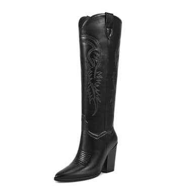 ISNOM Black Cowboy Boots for Women Cowgirl Western Boots Womens Knee High Cowboy Boot Tall Wide Calf Cowboy Boot - Image 1