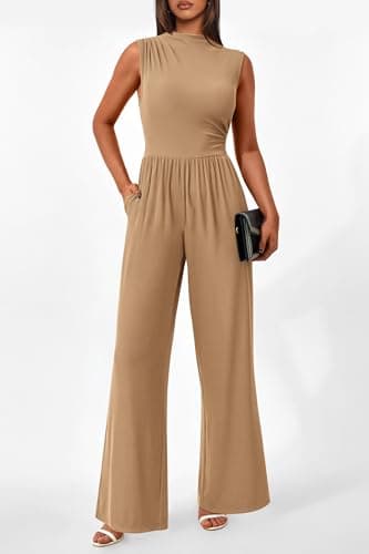PRETTYGARDEN Womens Summer Jumpsuits Dressy Casual One Piece Outfits Sleeveless Mock Neck Wide Leg Pants Rompers with Pockets (Style2-Camel,Medium) - Image 3