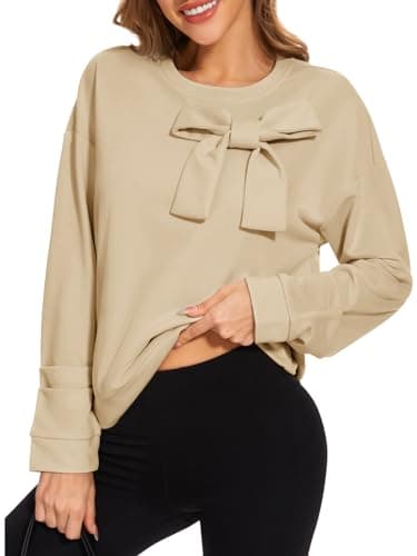 Cakulo 2025 Oversized Sweatshirts for Women Loose Fit Fall Fashion Crewneck Long Sleeve Casual Cute Bow Tunic Tops Khaki M - Image 6