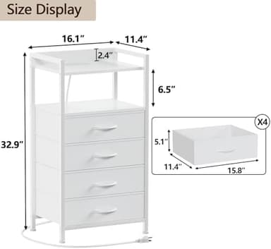 Furnulem White Nightstand with Charging Station, Night Stand Side Table with Led Light, Tall Dresser for Bedroom with 4 Fabric Storage Drawers, Metal Frame, Wood Shelf(White - Image 5