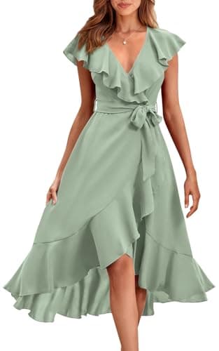 PRETTYGARDEN Short Sleeve Wrap V Neck Ruffle Summer Dress for Women Wedding Guest Dresses for Women 2025 Satin Midi Dresses (Light Green,XX-Large) - Image 1