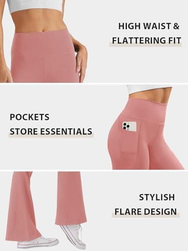 SEAJOJO Women's High Waist Flare Yoga Pants Tummy Control Casual Bootcut Leggings with Side Pockets Pink - Image 5