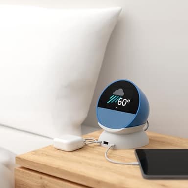 Echo Spot Bundle: Includes Echo Spot | Ocean Blue & Made for Amazon Stand with USB-C and USB-A Charging Ports | Glacier White - Image 4