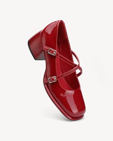 NEWBELLA Women's Mary Jane Shoes Chunky Block Heel Wedding Dress Shoes for Women Low Heels Close Rounded Toe Pumps (Red, Adult, Women, 7, Numeric, US Footwear Size System, Medium) - Image 2