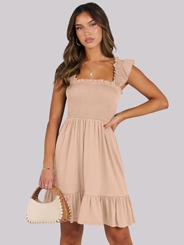 ANRABESS Women's Summer Casual Sleeveless Square Neck Dress 2025 Smocked Ruffle Backless Boho Beach Cute Teen Short Sundress Apricot Large - Image 2