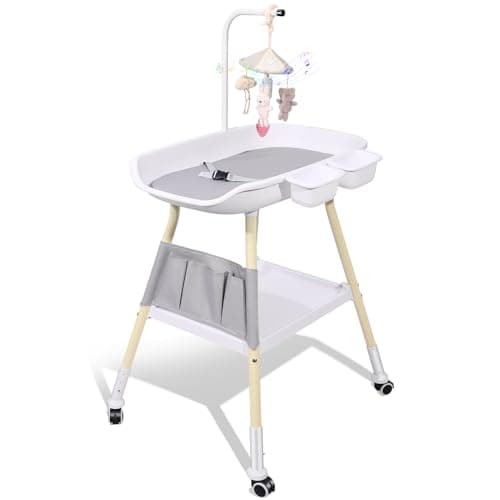 Sierjian Baby Changing Table, Adjustable Height Diaper Changing Station with Baby Crib Mobile, Changing Pad, Nursery Organizer and Large Storage Rack for Infant and Newborn - Image 1