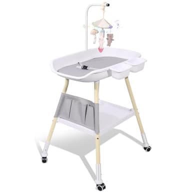 Sierjian Baby Changing Table, Adjustable Height Diaper Changing Station with Baby Crib Mobile, Changing Pad, Nursery Organizer and Large Storage Rack for Infant and Newborn - Image 1