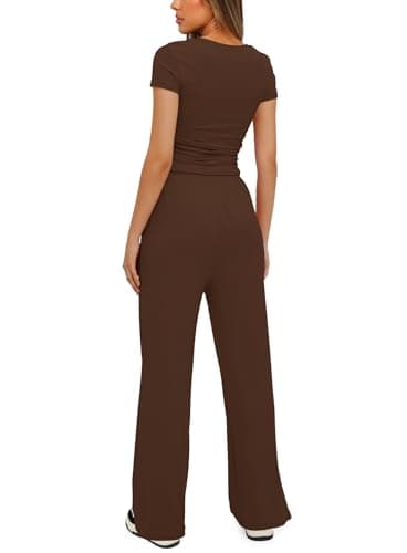 Darong Women's Two Piece Outfits Lounge Sets Ruched Short Sleeve Pullover Tops and High Waisted Pants Tracksuit Sets 9042A Coffee S - Image 2