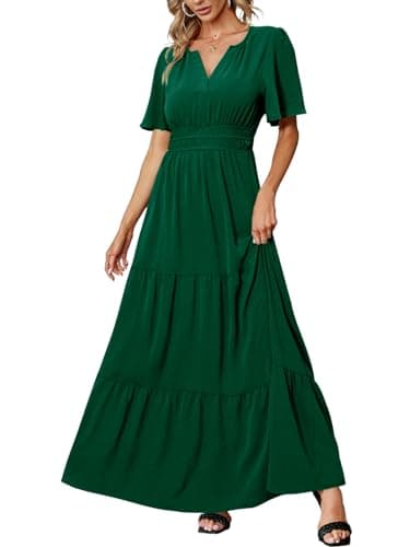 Amegoya Women's Short Sleeve Semi Formal Maxi Dresses Elegant Empire Waist Long Flowy Dress Modest Winter Wedding Guest Dress (Emerald Green M) - Image 1