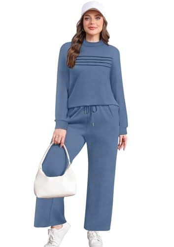 Fall Outfits for Women 2025 Two Piece Lounge Sets Fashion Business Casual Outfits Womens Clothes Comfy Workout Sets Athleisure Pajamas Loungewear Winter Clothing Mock Neck Break Sweatsuits Blue L - Image 3