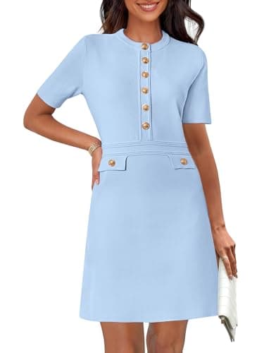 MEROKEETY Women's Knit Bodycon Sweater Dress Button Short Sleeve Crew Neck Elegant Formal Mini Dress, LightBlue, Small - Image 1