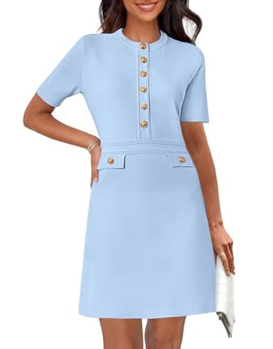 MEROKEETY Women's Knit Bodycon Sweater Dress Button Short Sleeve Crew Neck Elegant Formal Mini Dress, LightBlue, Small - Image 1