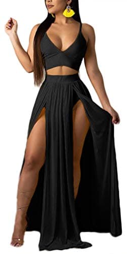 Women Sexy 2 Piece Outfits Dress Chiffon Strap Deep V Neck Bra Crop Top High Split Maxi Dresses Skirt Set Swimwear Cover Ups Black Large - Image 1