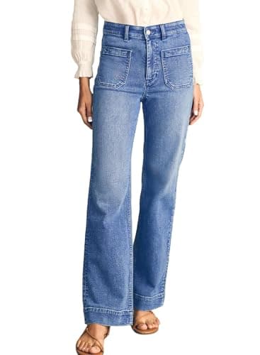 Astylish Women's Patch Pocket Jean Pants High Waist Button Bootcut Trousers Wide Leg Stretchy Vintage Denim Jeans with Front Pockets Size 6 Ashleigh Blue - Image 1