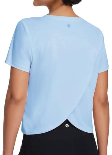 baleaf Women's Workout Tops Athletic Shirts Cropped Short Sleeve Split Back Running Gym Quick Dry Sun Protection UPF 50+ Light Blue M - Image 1