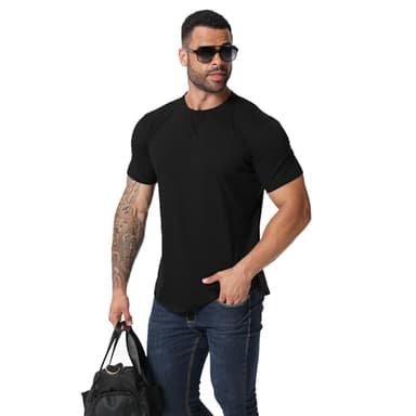 Mens 3 Pack Plain Cotton Shirts Short Sleeve Casual Crew Neck T-Shirts Hipster Hip Hop Longline Tees Shirts Drop Cut Curved Hem Shirt (BKDGKA XL) - Image 5