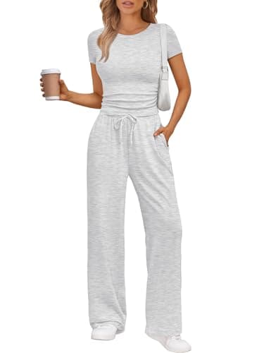 Trendy Queen Womens 2 Two Piece Set 2025 Summer Workout Beach Vacation Gym Clothes Fall Fashion Lounge Matching Sweatsuit Sweat Teacher School Wide Leg Pant Travel Outfit Fitness Athletic Clothing - Image 1