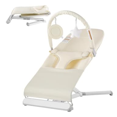 VEVOR Baby Bouncer, Folding Bouncer Seat for Babies 0-9 Months, Baby Bouncer with 2 Reclining Angles & Rotatable Toy Bar, Portable Baby Bouncers Seat with Carrying Bag for Indoors Outdoors, Beige - Image 1