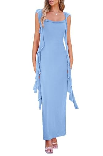 PRETTYGARDEN Women's Summer Long Formal Wedding Guest Dress Sleeveless Ruffle Cocktail Party Maxi Bodycon Dresses (Light Blue,Large) - Image 1