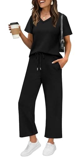 WIHOLL Summer Outfits For Women 2 Piece Lounge Matching Sets Workout Sets Spring Essentials Clothing Cruise Vacation Outfits Pajama Pants Activewear Black L - Image 1