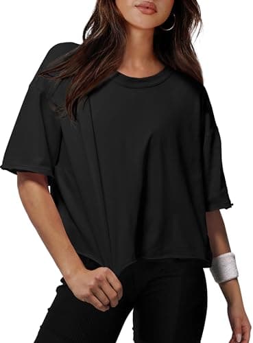 Summer Tops for Women Short Sleeve Round Neck Cotton Shirts Basic Workout Sports Crop Tops Black L - Image 1