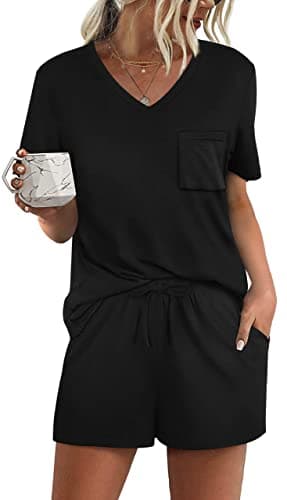 RUBZOOF Women's Short Sleeve 2 Piece Pajama Sets V-Neck Casual Summer Lounge Sets Black S - Image 1