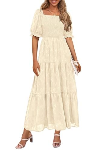PRETTYGARDEN Women's 2025 Summer Casual Midi Dresses Square Neck Short Sleeve Smocked A Line Floral Flowy Elegant Boho Dress (Beige,X-Large) - Image 1