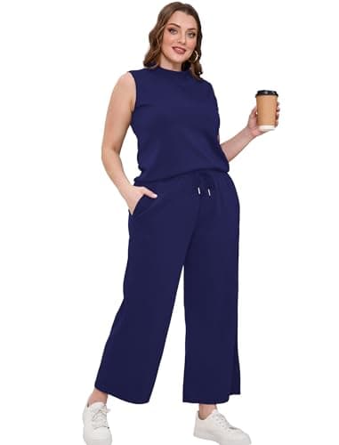 SAMPEEL Lounge Sets for Women 2 Piece 2024 Summer Casual Travel Ladies Loungewear Set Business Casual Outfits Work Mock Neck Tops Sweat Set Royal Blue M - Image 4