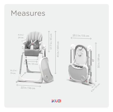 KÜB 3-in-1 Foldable Baby High Chair | Multifunctional Infant High Chairs for Babies and Toddlers | Removable Seat & Tray Easy Clean | 7 Height & 4 Recline Adjustable | 2 Locking Wheels (Grey) - Image 8