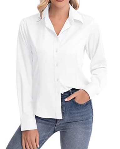 siliteelon Womens Classic-Fit Dress Shirts Long Sleeve Button Down Wrinkle-Free Stretch Solid Casual Work Office Blouse Top White XX-Large - Image 3