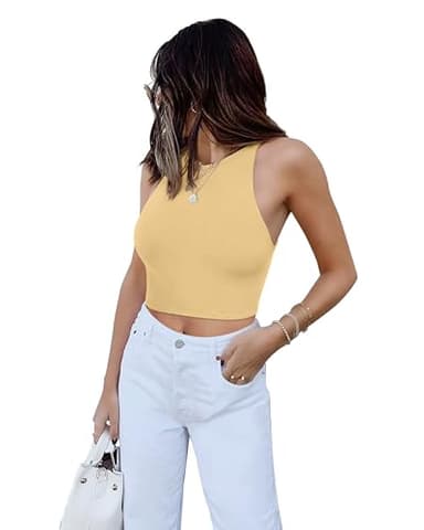 REORIA Women's Sexy Sleeveless High Neck Crop Tank Top Racerback Double Lined Cute Basic Cropped Tops 2025 Going Out Shirts Honeybee Small - Image 5