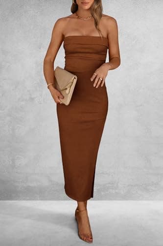 PRETTYGARDEN Women's Summer Bodycon Maxi Tube Dress Ribbed Strapless Side Slit Long Going Out Casual Elegant Party Dresses (Brown,Medium) - Image 7