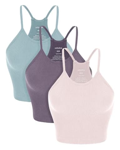 ODODOS Women's Crop Camisole 3-Pack Seamless Rib-Knit Crop Tank Tops, Long Crop, Pink Lace Violet Iceberg, Medium/Large - Image 1